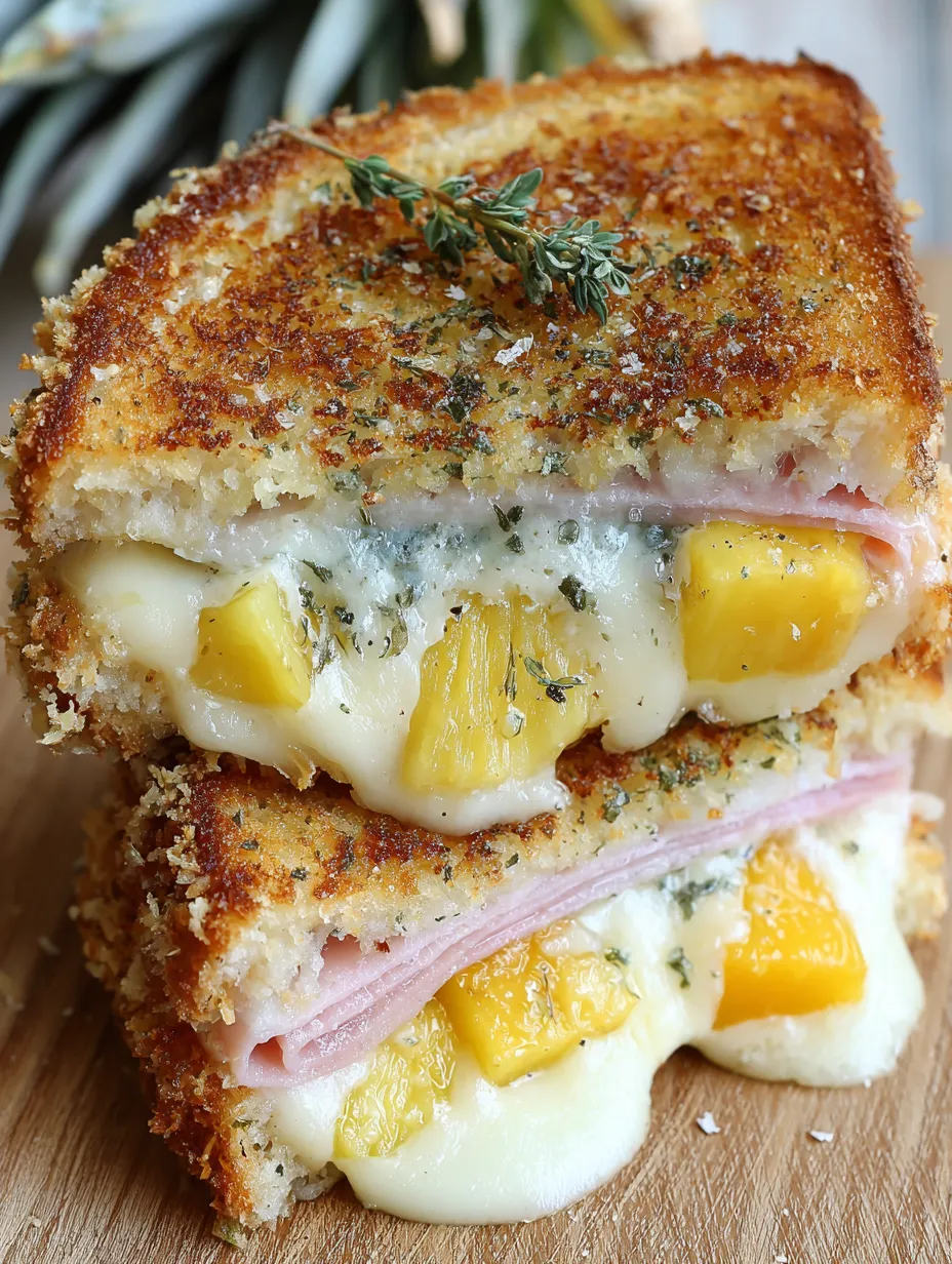 A cheesy crust Hawaiian grilled cheese sandwich.