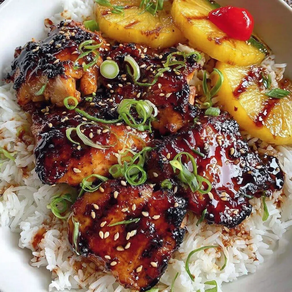 Plate of chicken and rice with toppings.