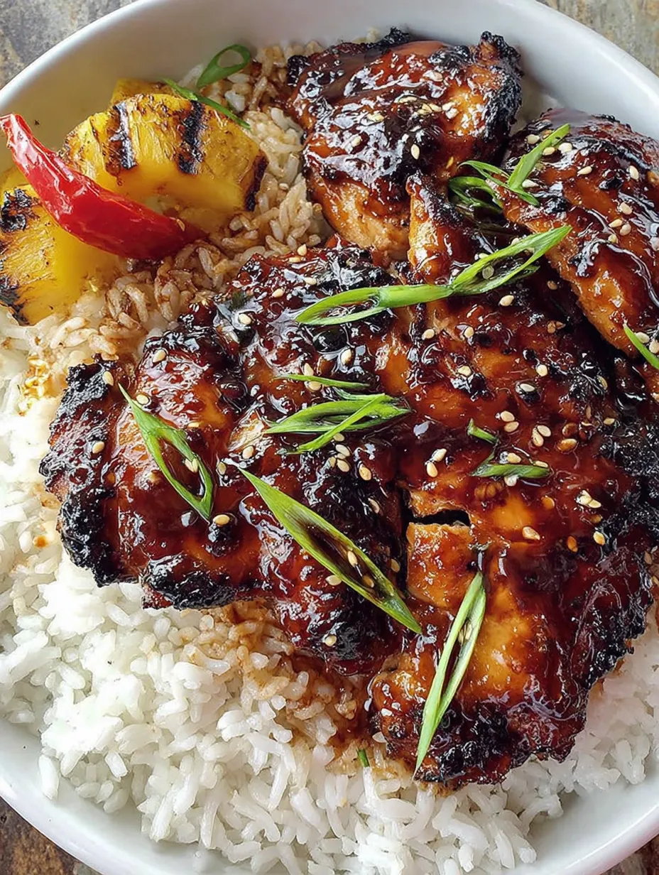 Grilled teriyaki chicken with fluffy rice and fresh veggies on a plate.