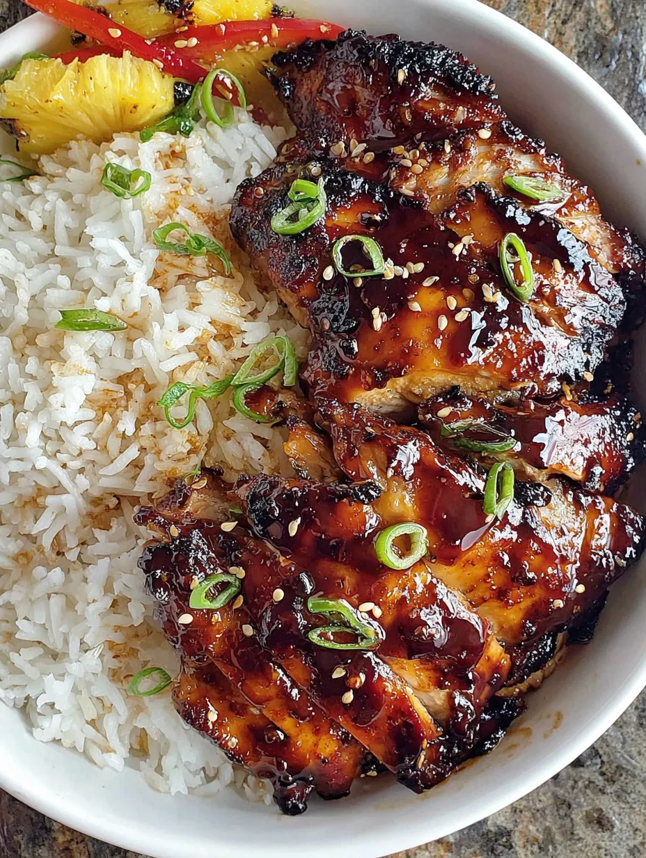 A bowl full of rice topped with sliced grilled chicken and glossy sauce.