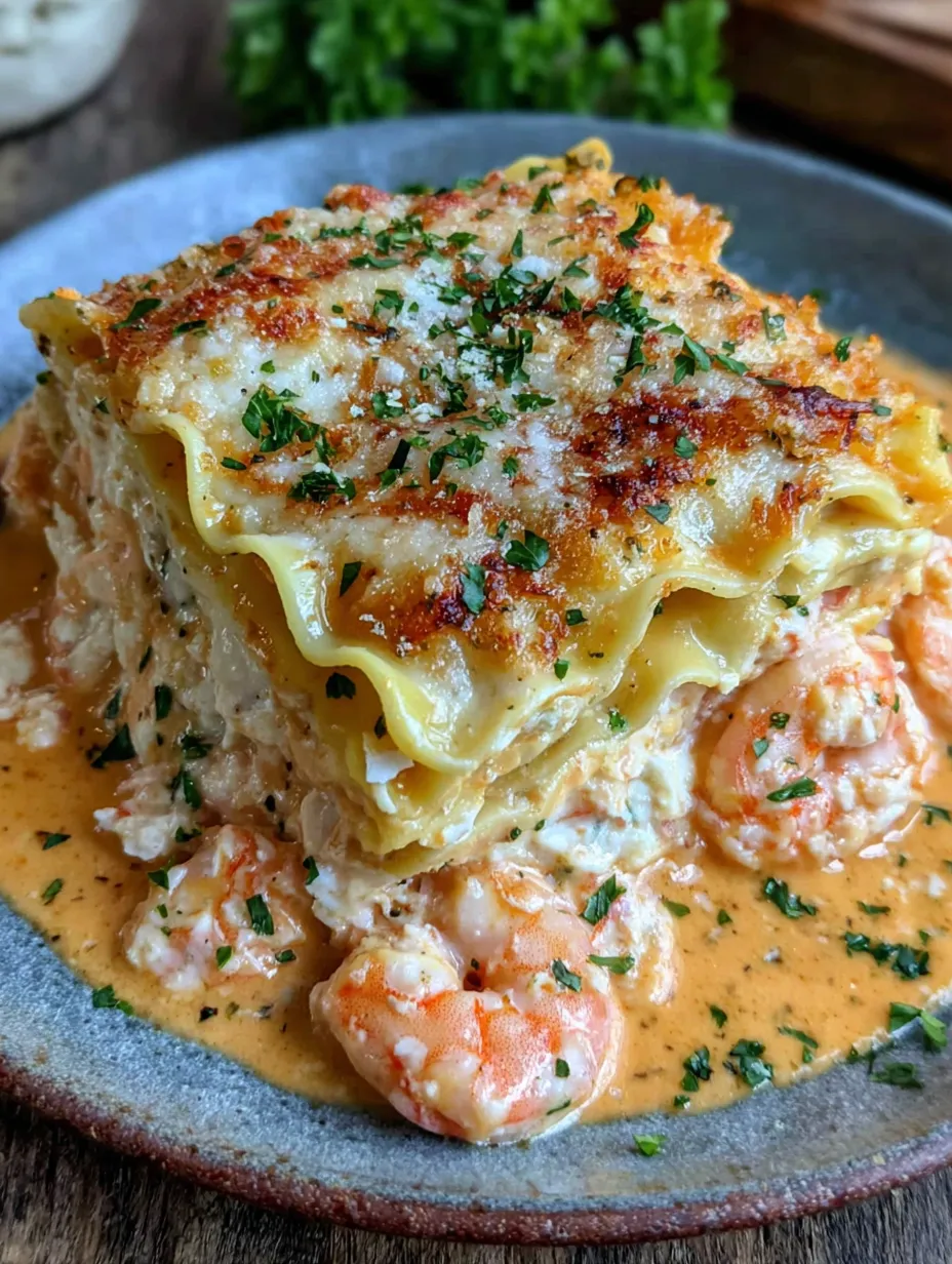 A mouthwatering pan of seafood lasagna with golden cheese.