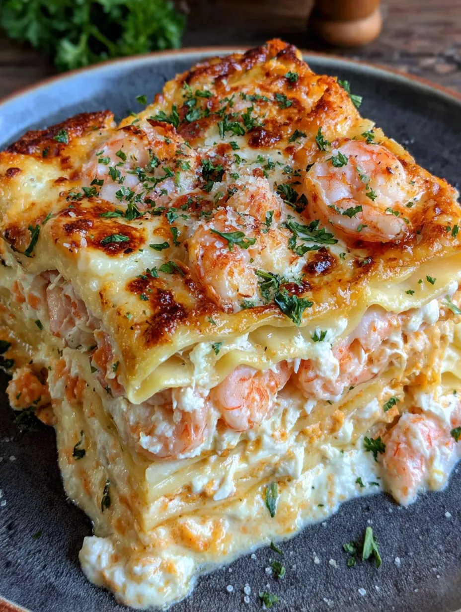 A layered lasagna packed with shrimp, crab, and cheese.
