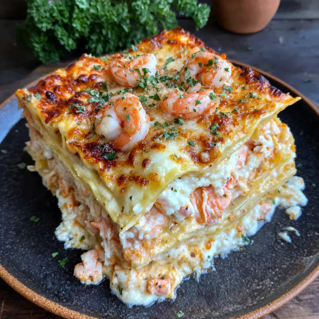 Close-up of shrimp and crab lasagna served hot.