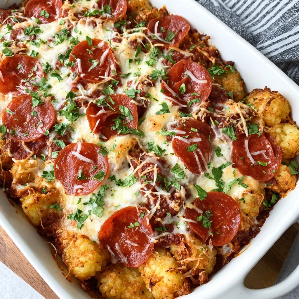 A white dish full of cheesy tater tot pizza bake topped with crispy pepperoni.