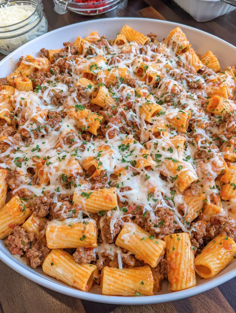 Heaping bowl of cheesy beef rigatoni up close, gooey and comforting.