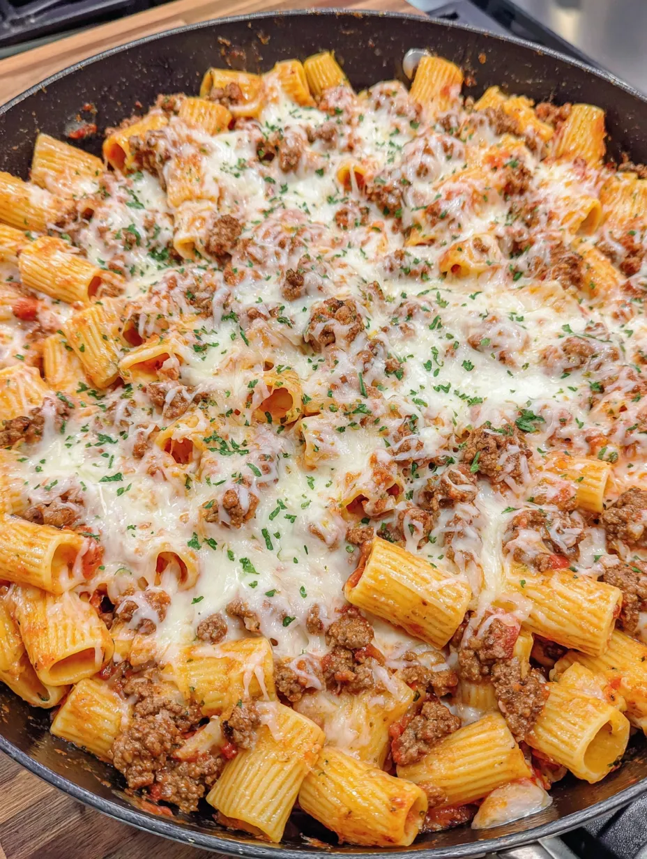 Cheesy beef rigatoni in a baking pan, bubbling with golden cheese.