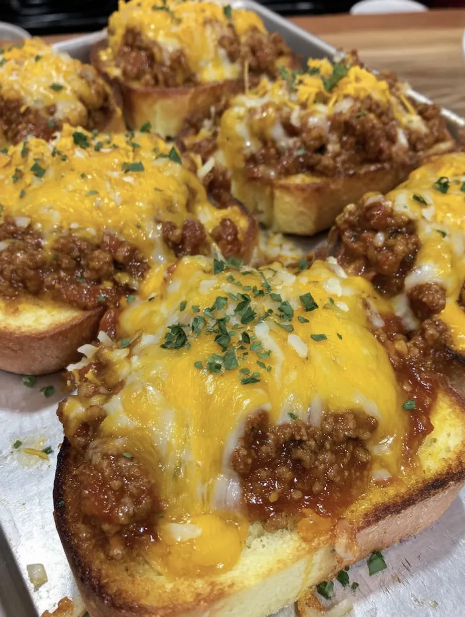 Cheesy sloppy Joe garlic toast on a serving plate.