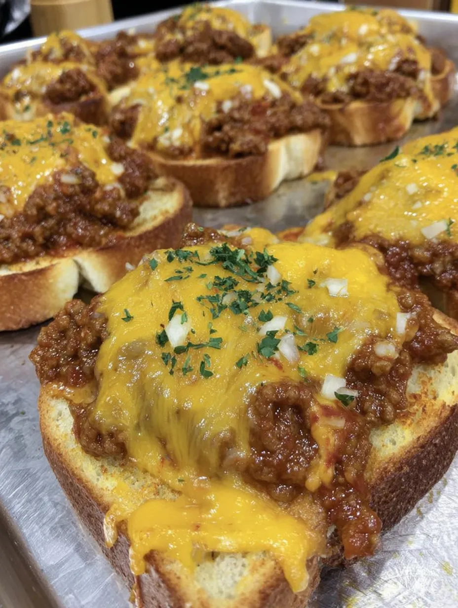 A cheesy sloppy Joe garlic toast up close.