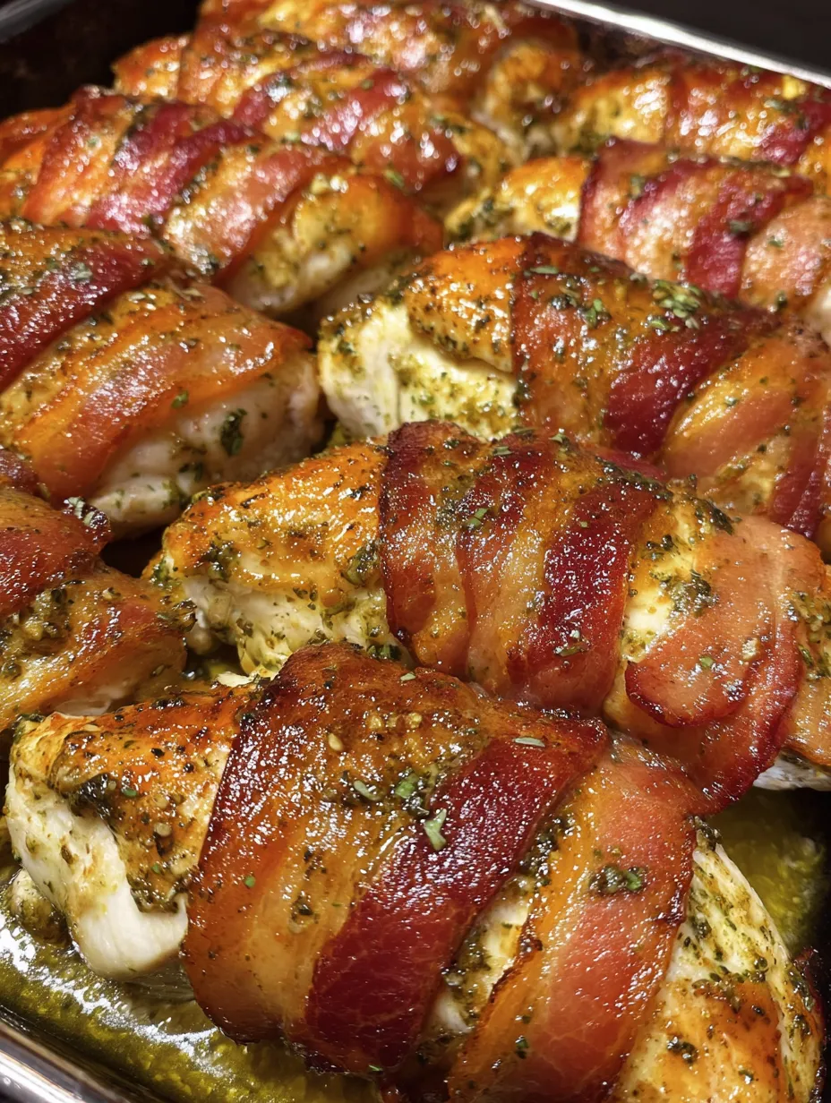 Chicken rolled in bacon with fresh herbs on top.