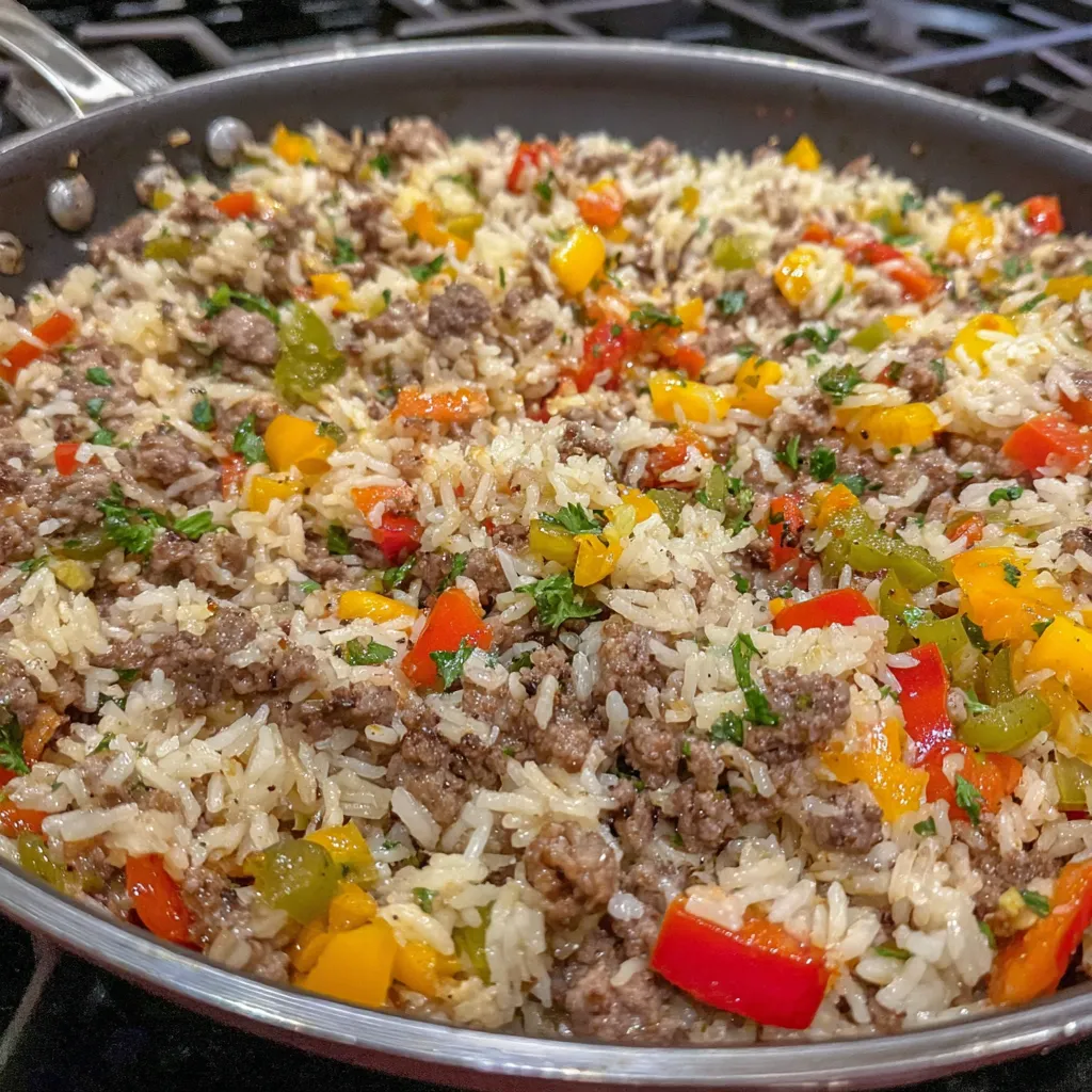A skillet filled with spiced rice, meat, and veggies.