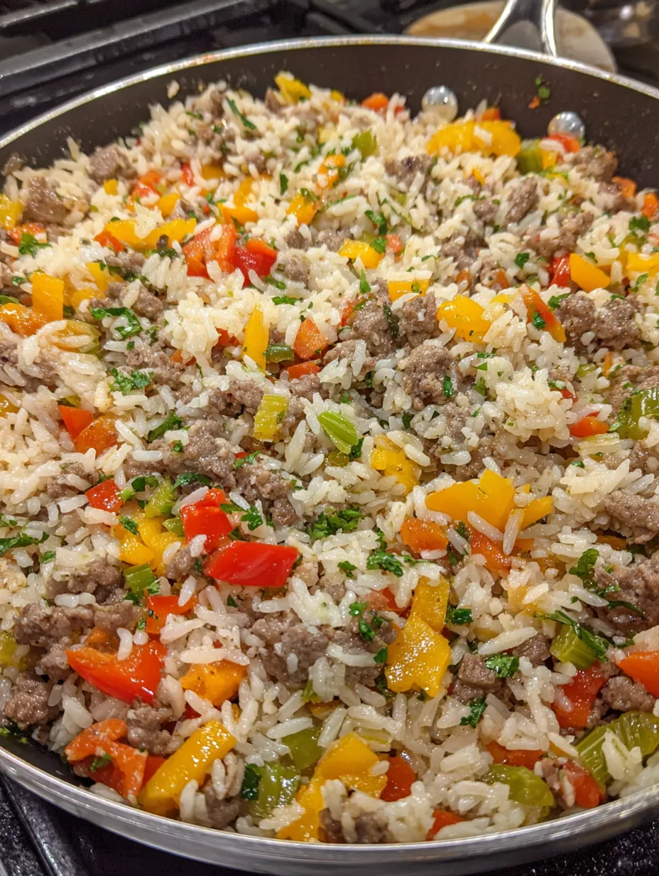 Rice dish full of juicy meat shown close up.