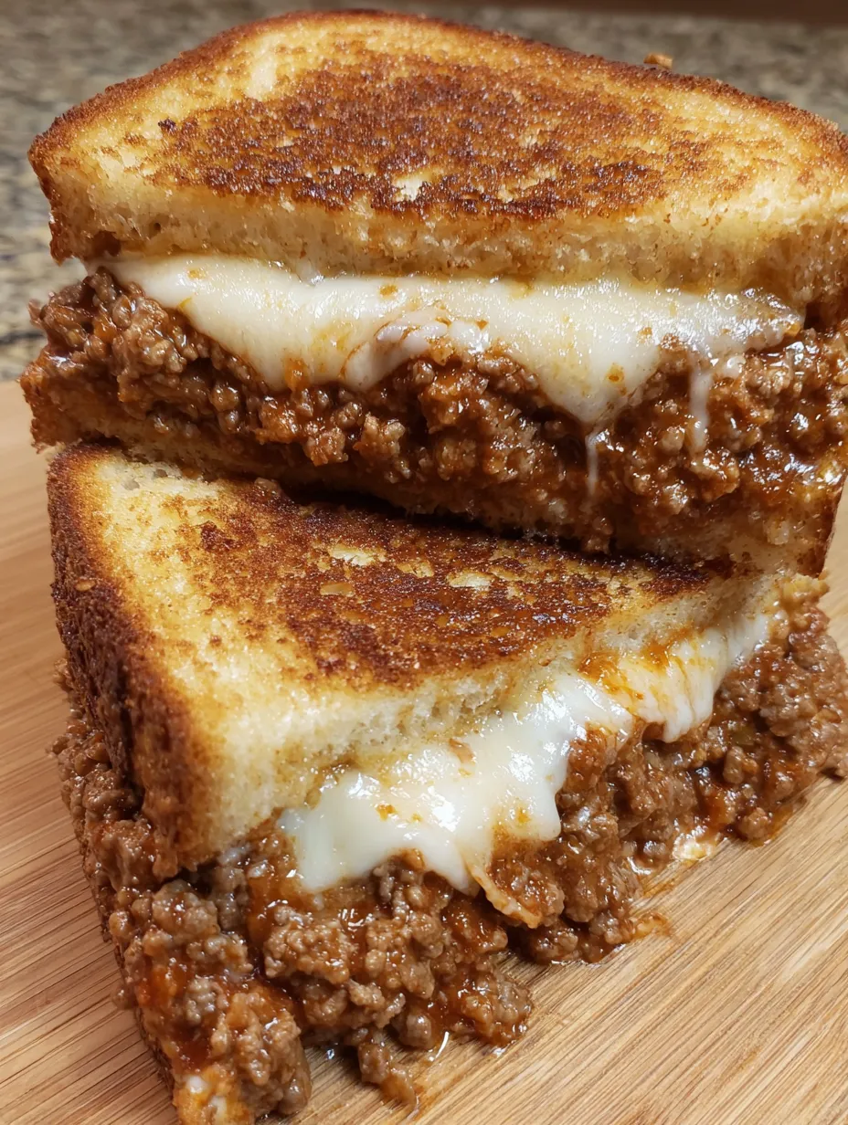 A grilled cheese sandwich stuffed with sloppy joe filling.