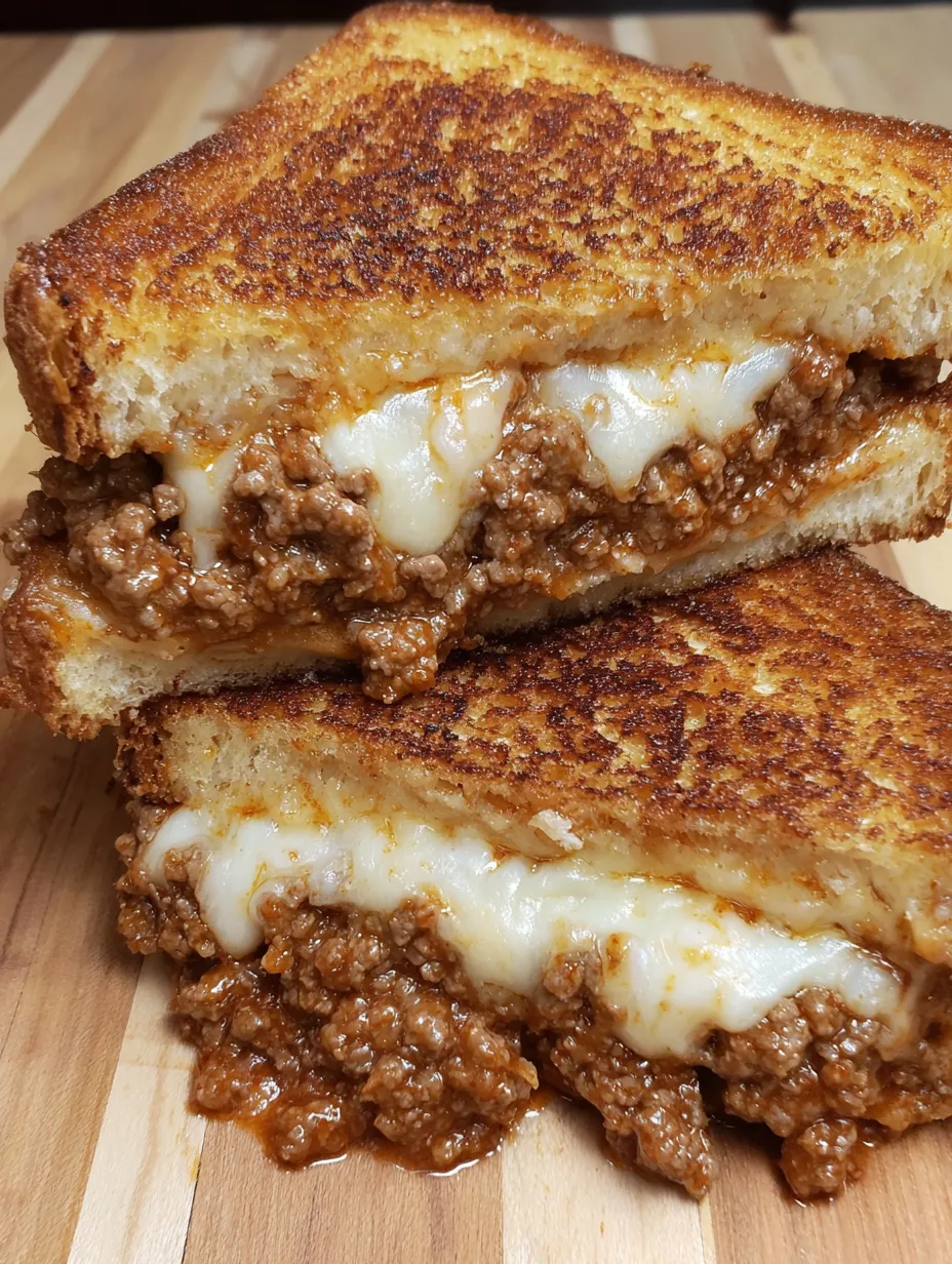 Sloppy joe grilled cheese cut in half to show the filling.