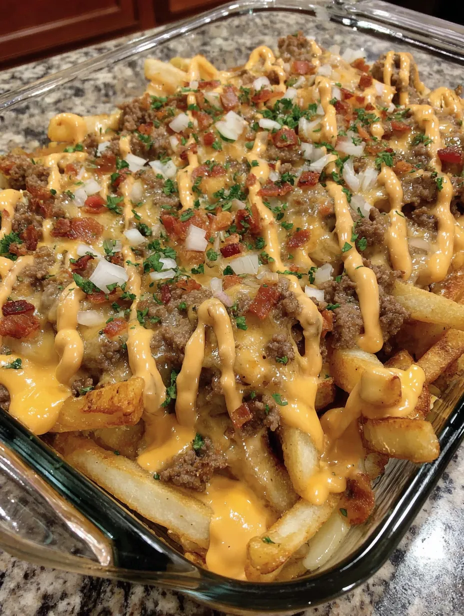 Crispy French fries and beef baked in a cheesy casserole dish.