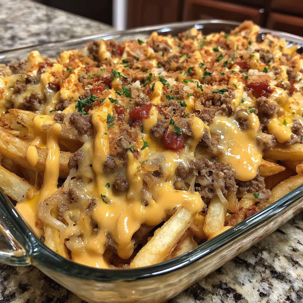 Casserole with layers of beef, fries, and cheese.