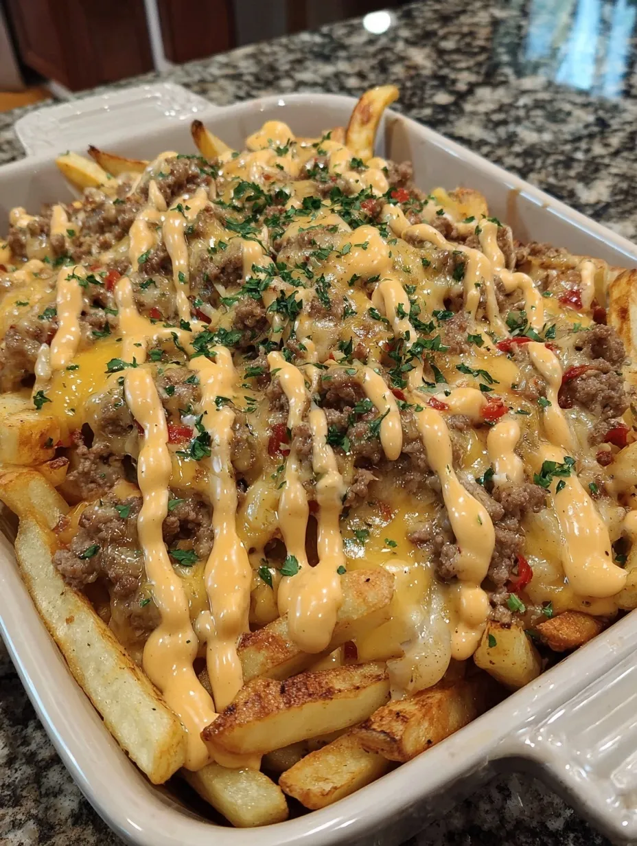 Bubbly beef and fry casserole loaded with cheese and sauce.