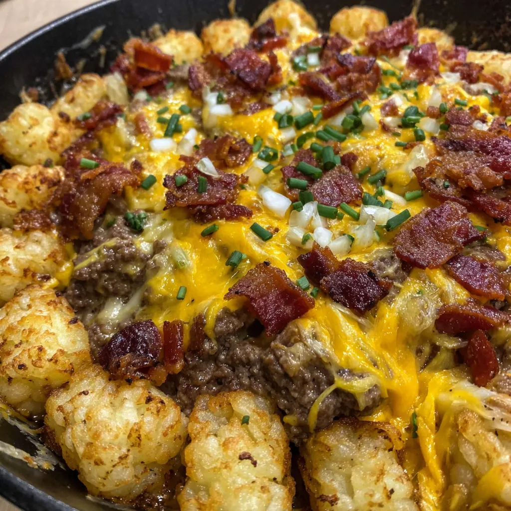 Layers of bacon cheeseburger tots in a rich, cheesy bake.