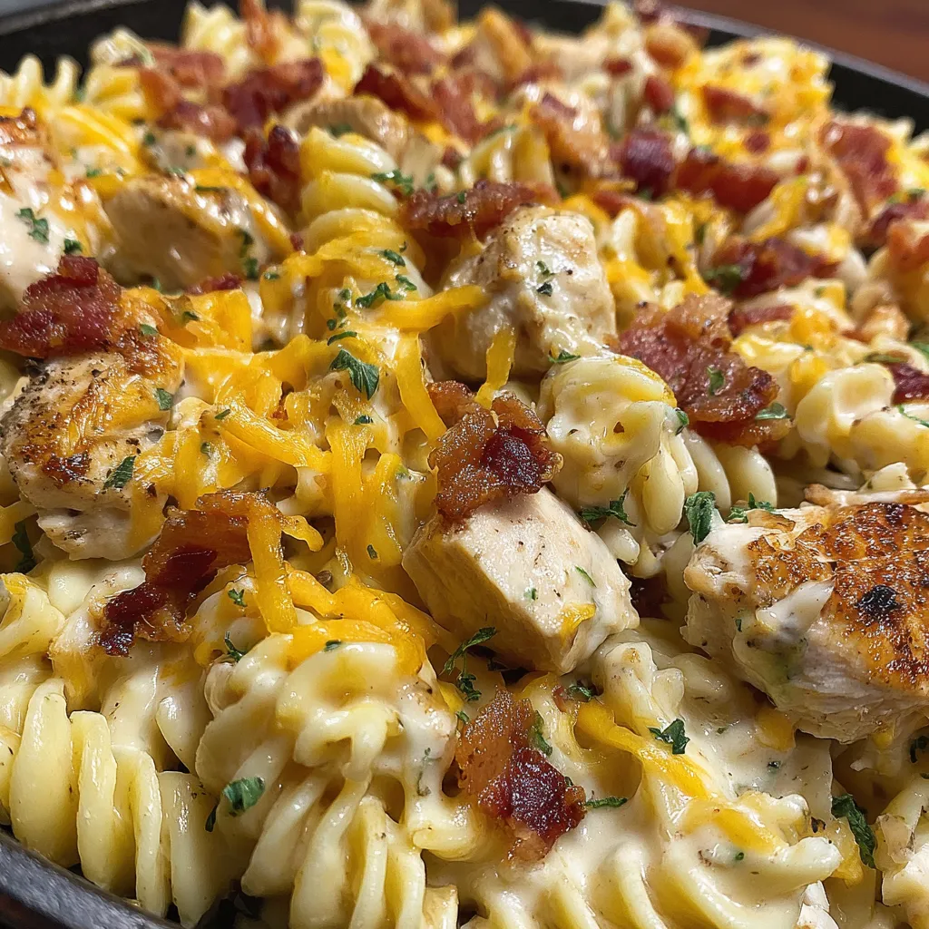 A bowl of creamy bacon chicken pasta.