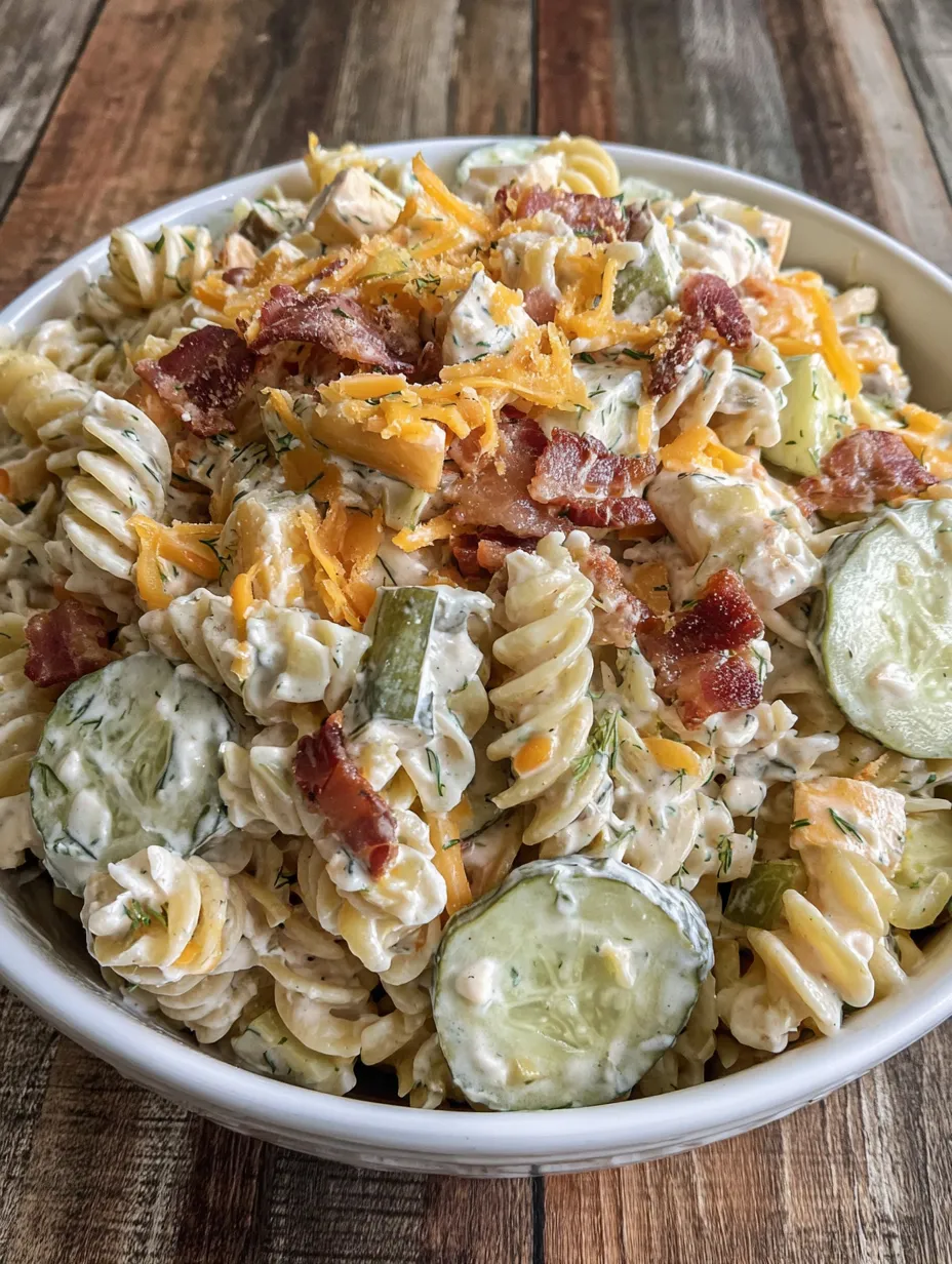 A bowl stuffed with pasta salad featuring cheese, bacon bits, and pickles.
