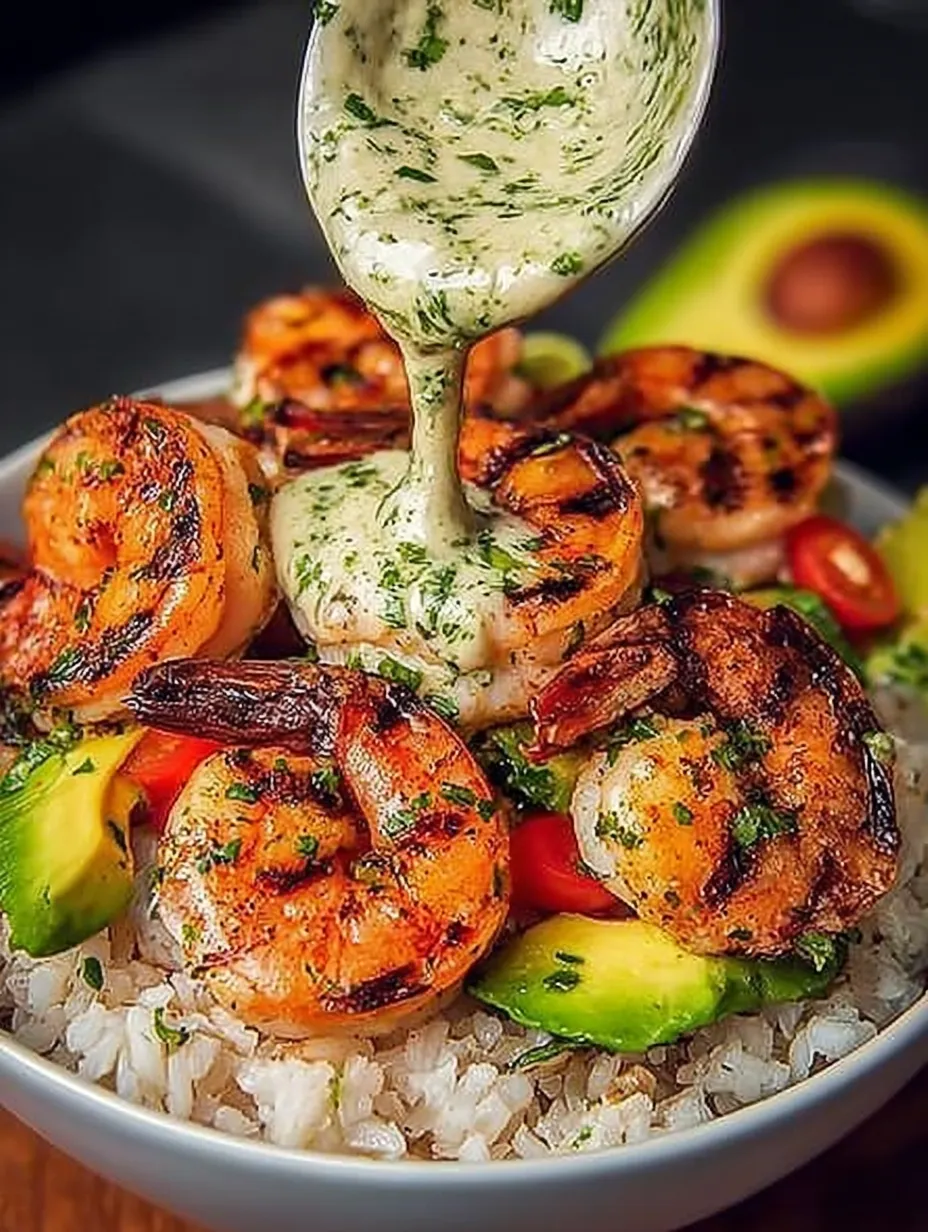 Zesty Shrimp & Avocado Rice Bowls with Cilantro Lime Sauce