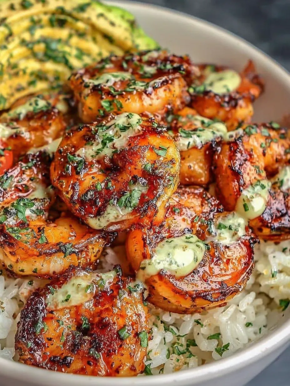 Zesty Shrimp & Avocado Rice Bowls with Cilantro Lime Sauce