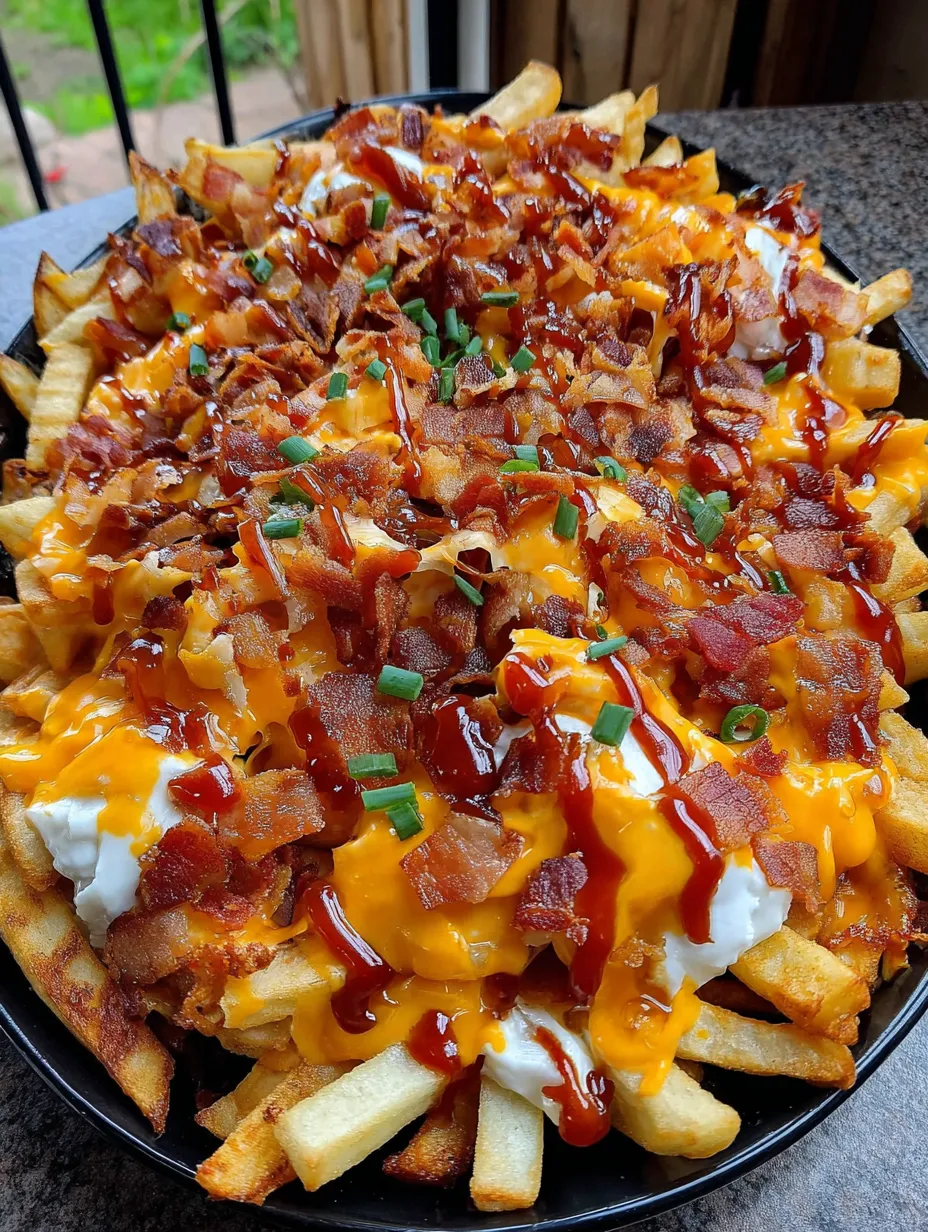 A plate of BBQ Bacon Cheese Fry Mountain.