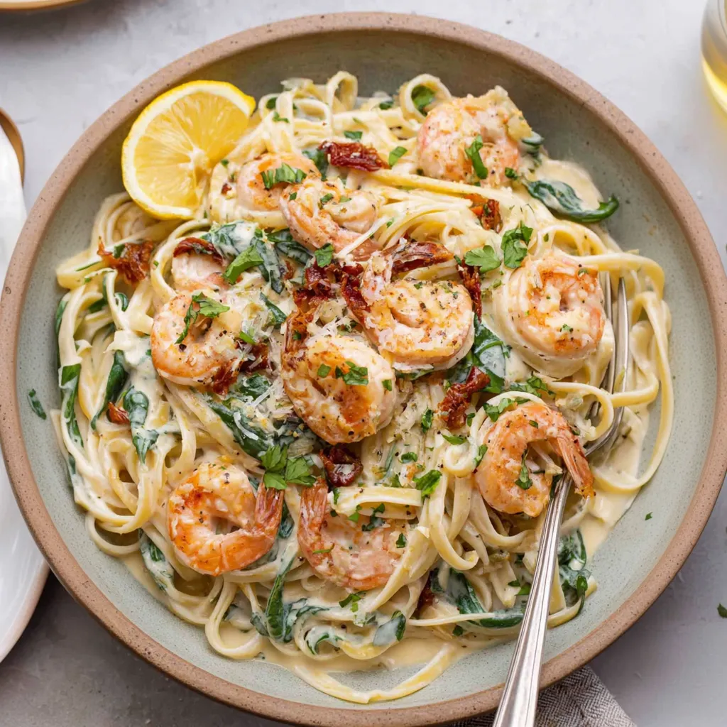A bowl of rich Tuscan shrimp pasta.