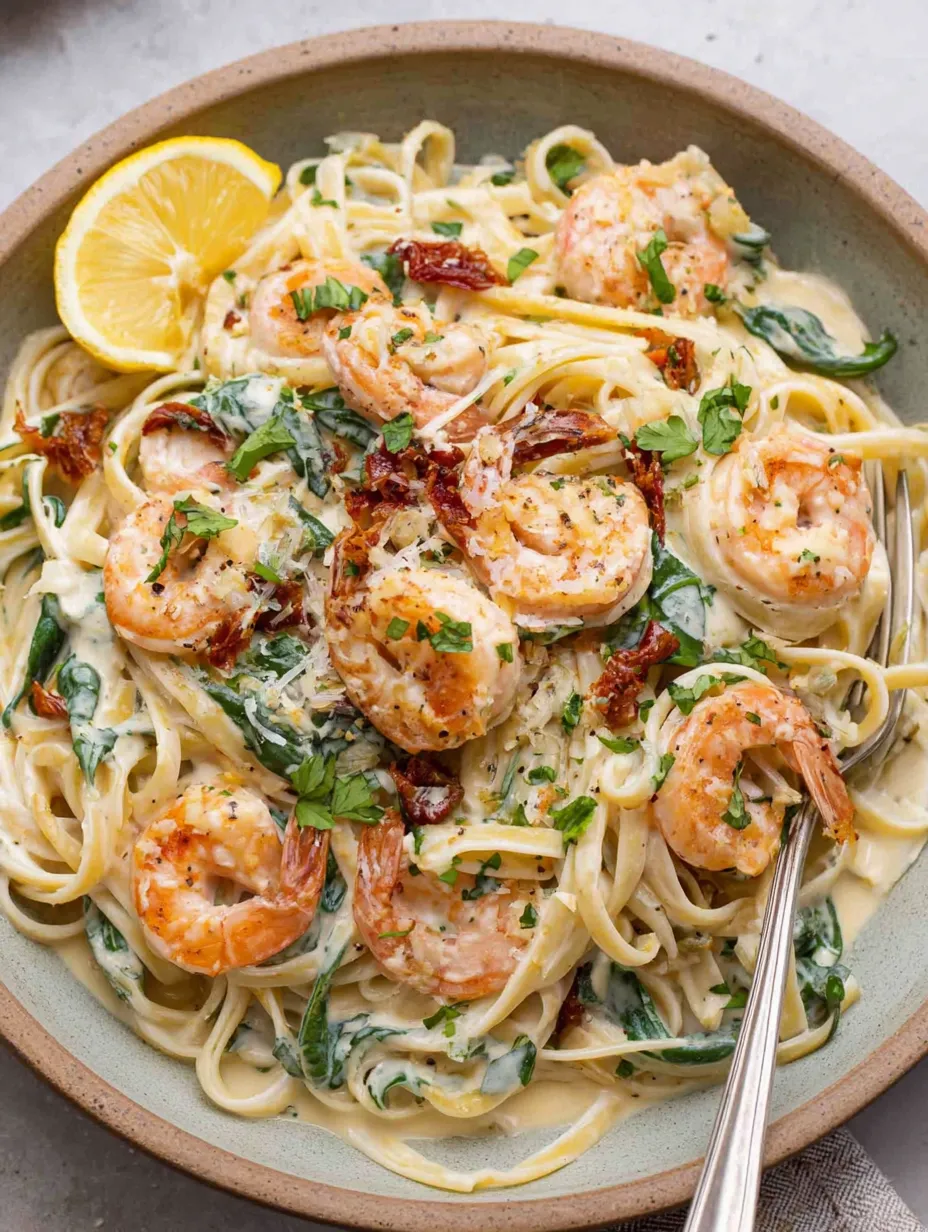 A bowl of creamy Tuscan shrimp linguine.