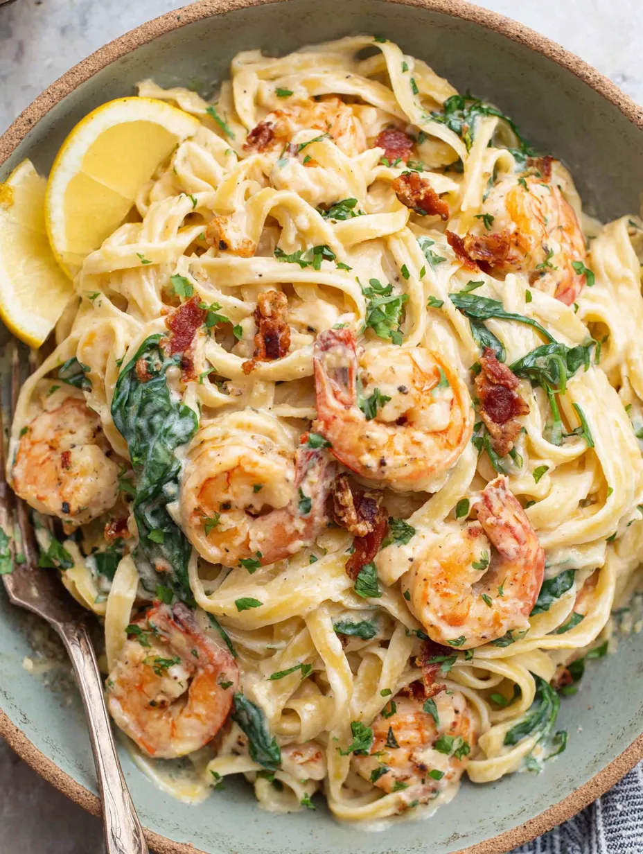 A bowl of creamy Tuscan shrimp linguine.