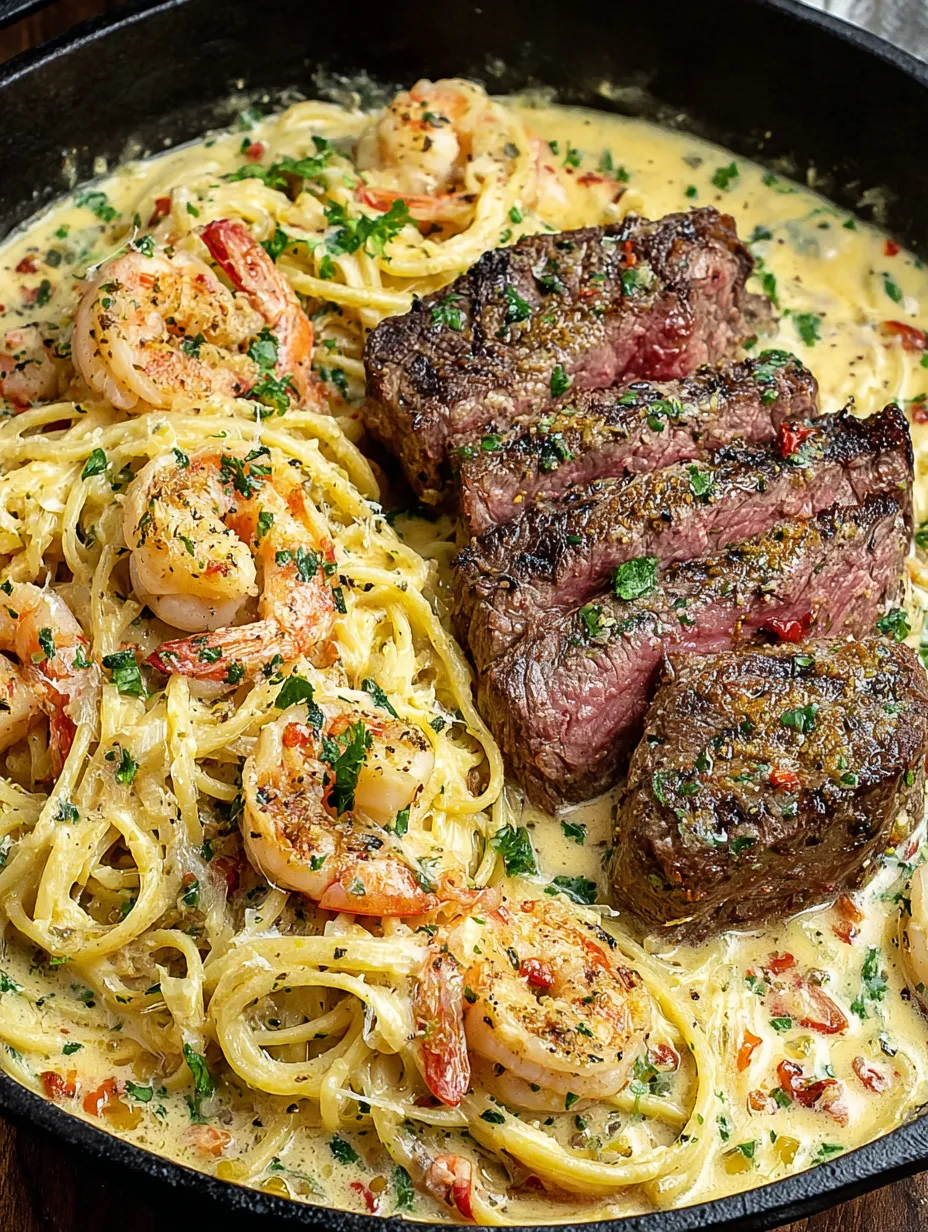 A plate filled with spaghetti, shrimp, and beef slices.