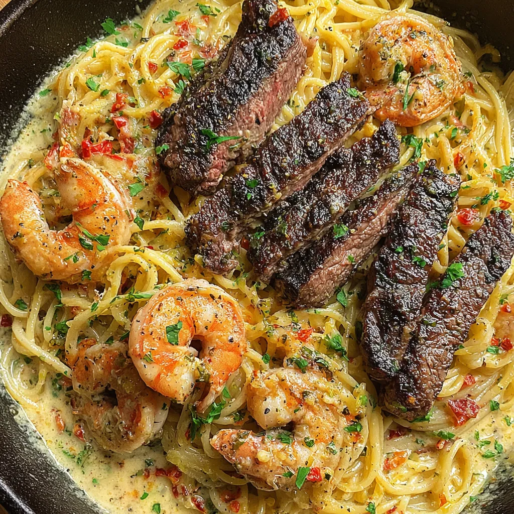 An elegant plate of Wagyu and shrimp pasta.
