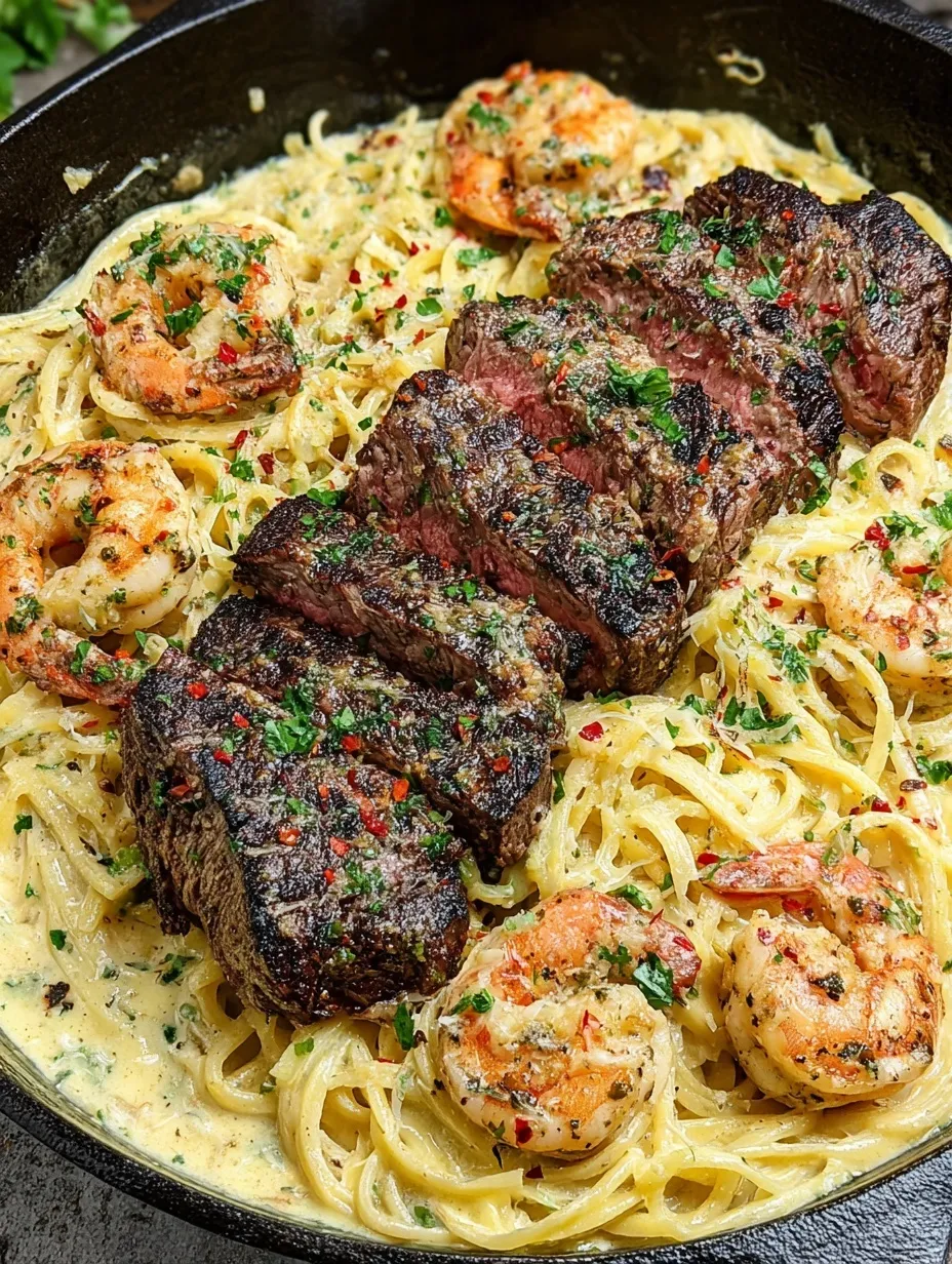 Bowl of surf and turf pasta ready to eat.