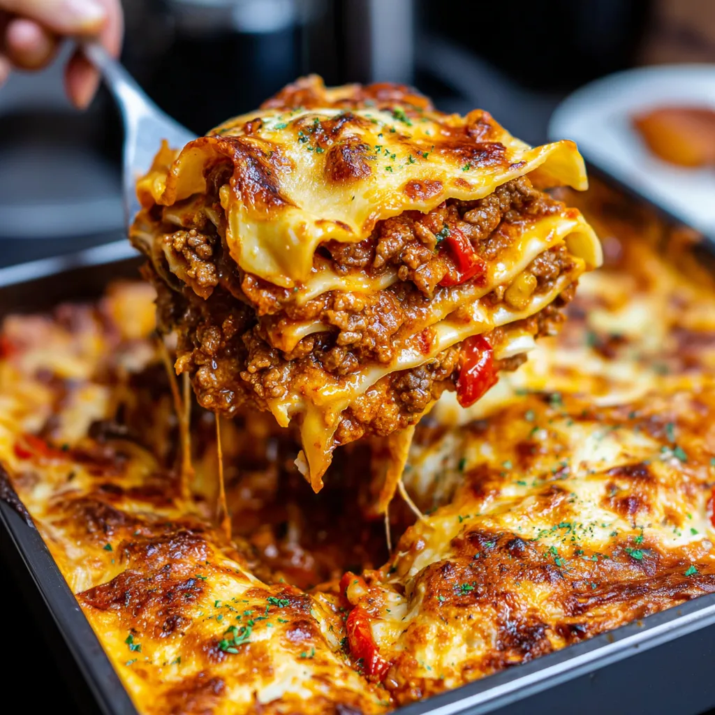 Close-up of smoky roasted pepper and cheese lasagne.