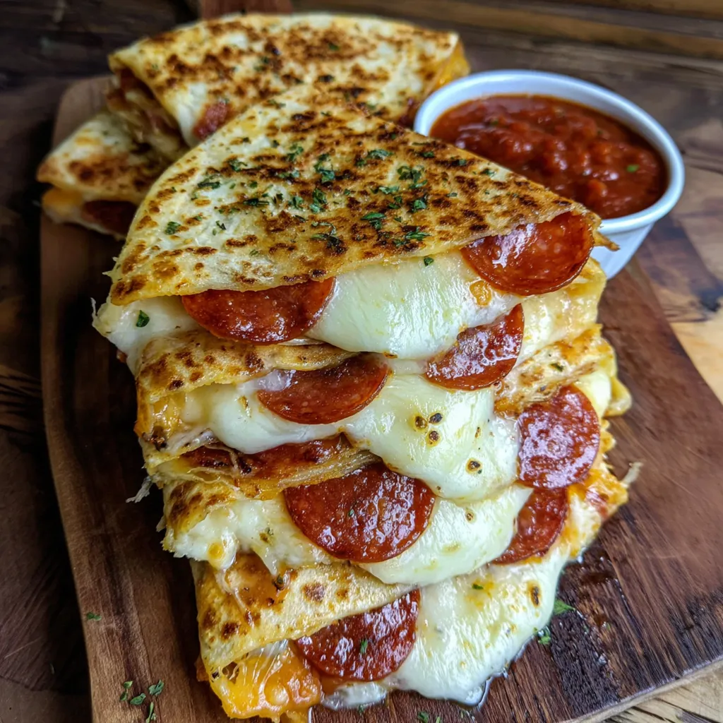 Layers of gooey cheese and pepperoni inside golden brown tortillas.