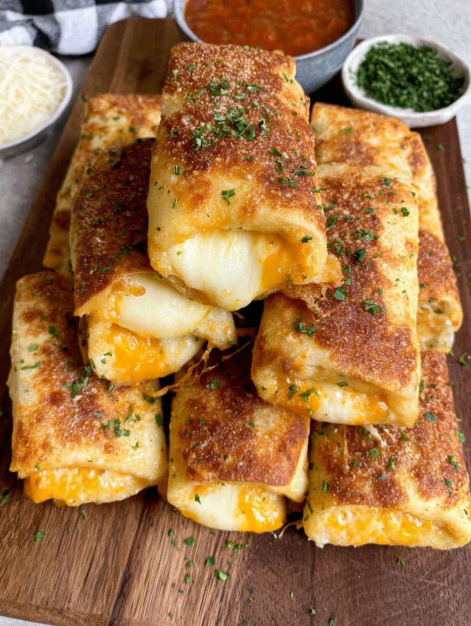 A stack of food on a wooden table.