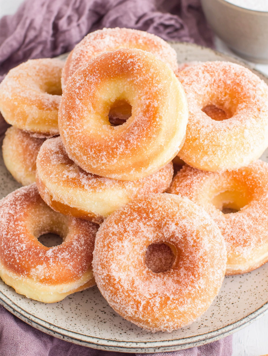 A plate of donuts with sugar on top.