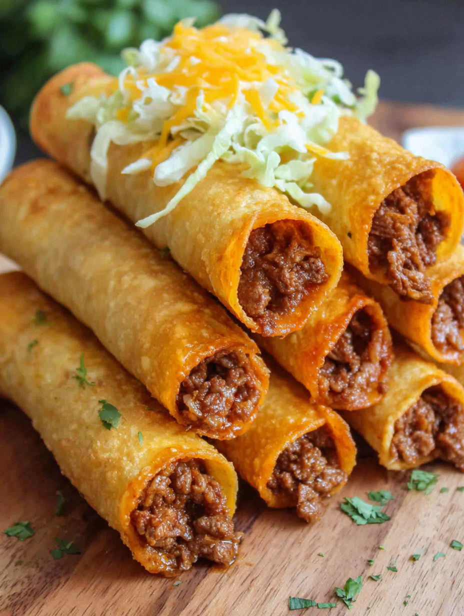 A stack of tacos with lettuce and cheese on top.