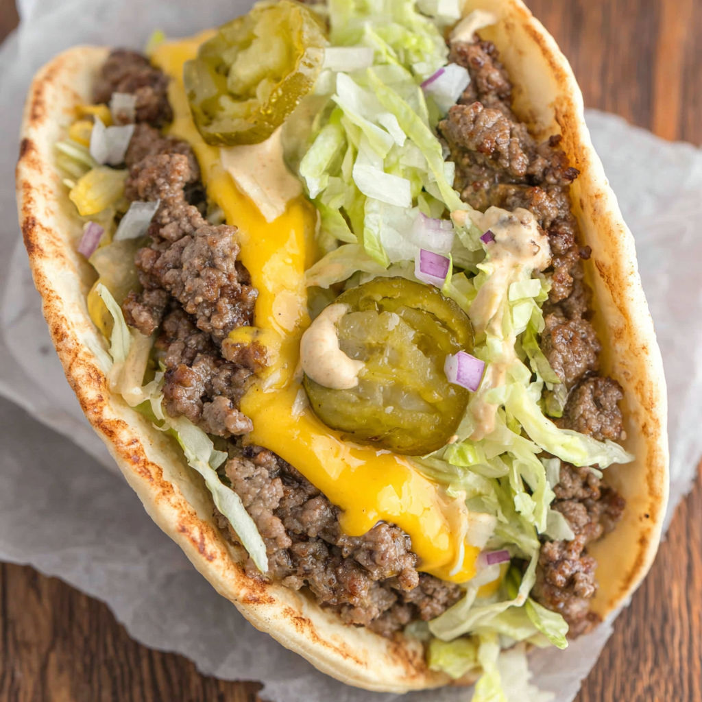 A smash burger taco with lettuce and pickles.