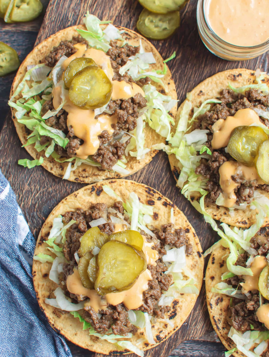 A platter of tacos filled with meat and pickles.