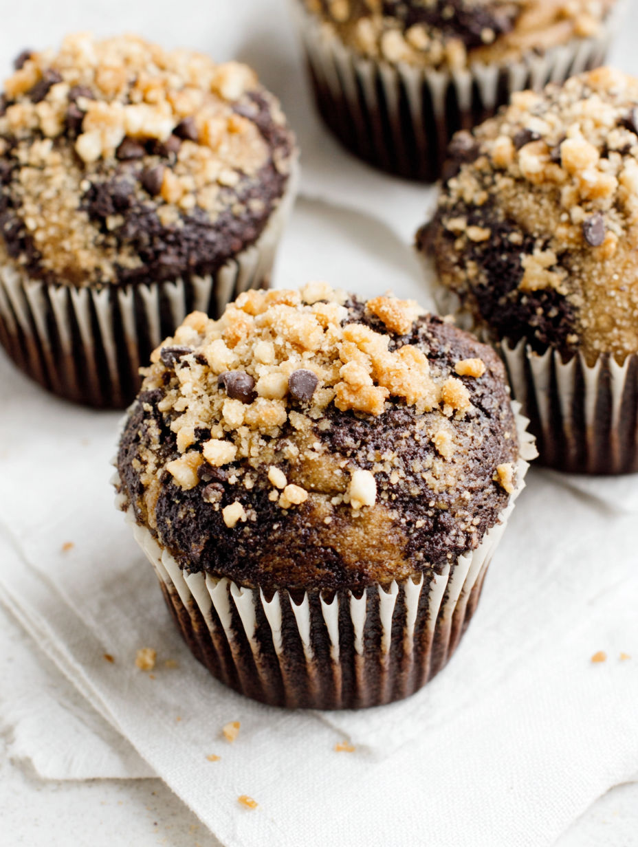 A cupcake with chocolate and nuts on top.