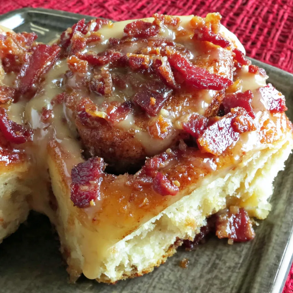 Two gooey bacon maple rolls on a plate.