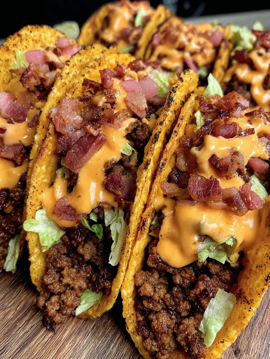 Close up of a stuffed bacon beef taco loaded with toppings.