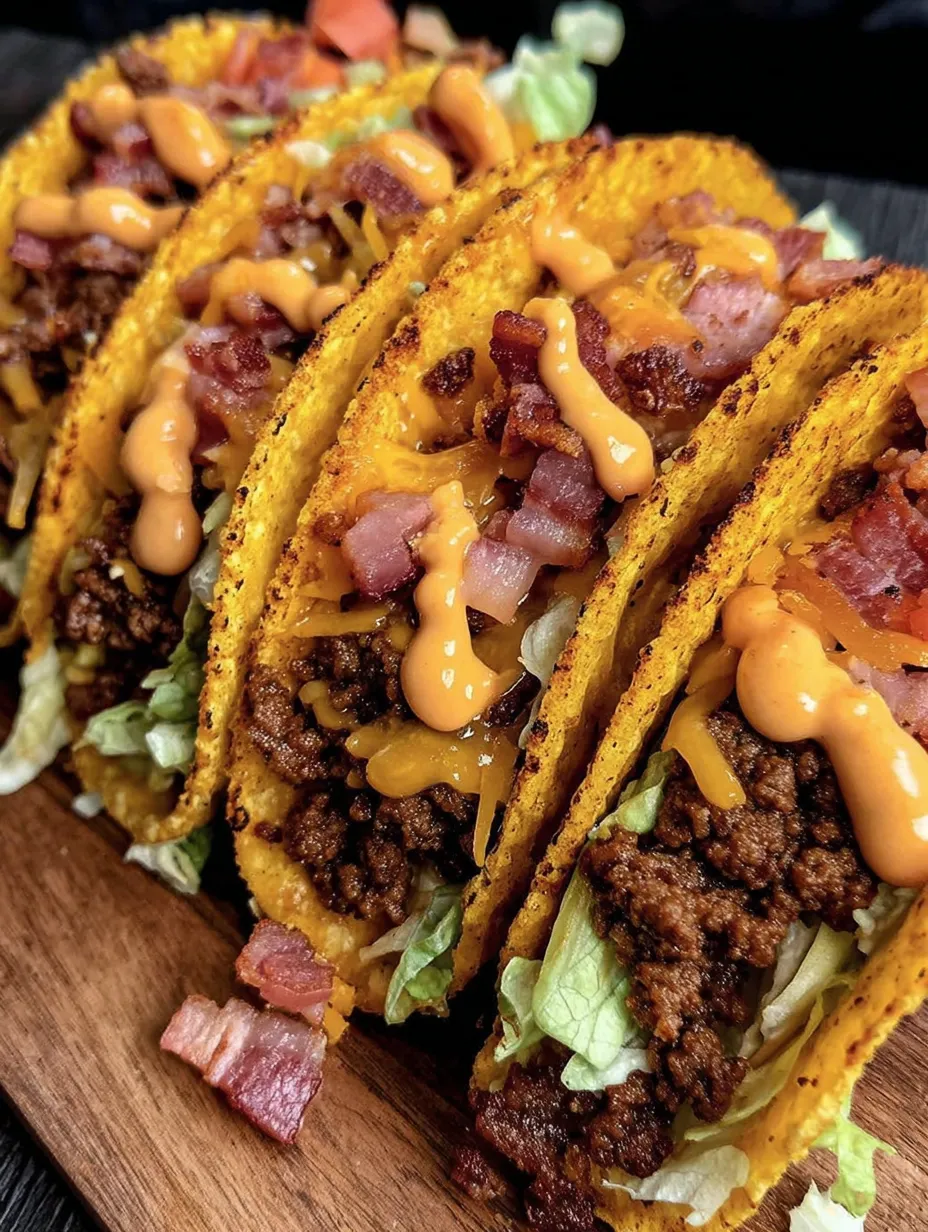 Plate stacked with bacon cheeseburger tacos, overflowing with toppings.