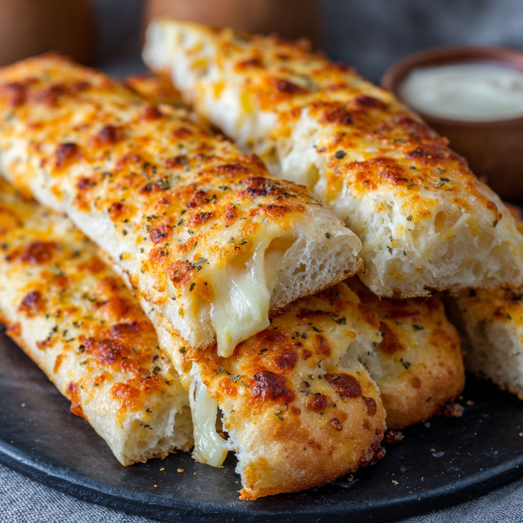 A plate of cheesy breadsticks.