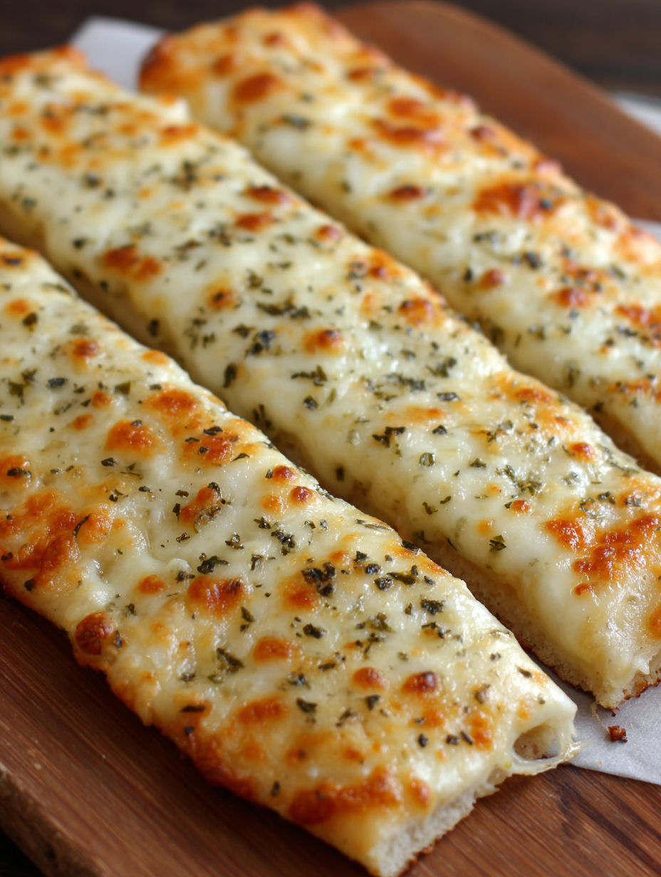 Homemade cheesy breadsticks on a wooden board.