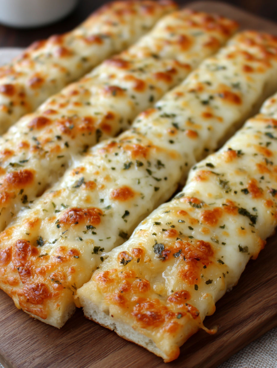 A plate of homemade cheesy breadsticks.