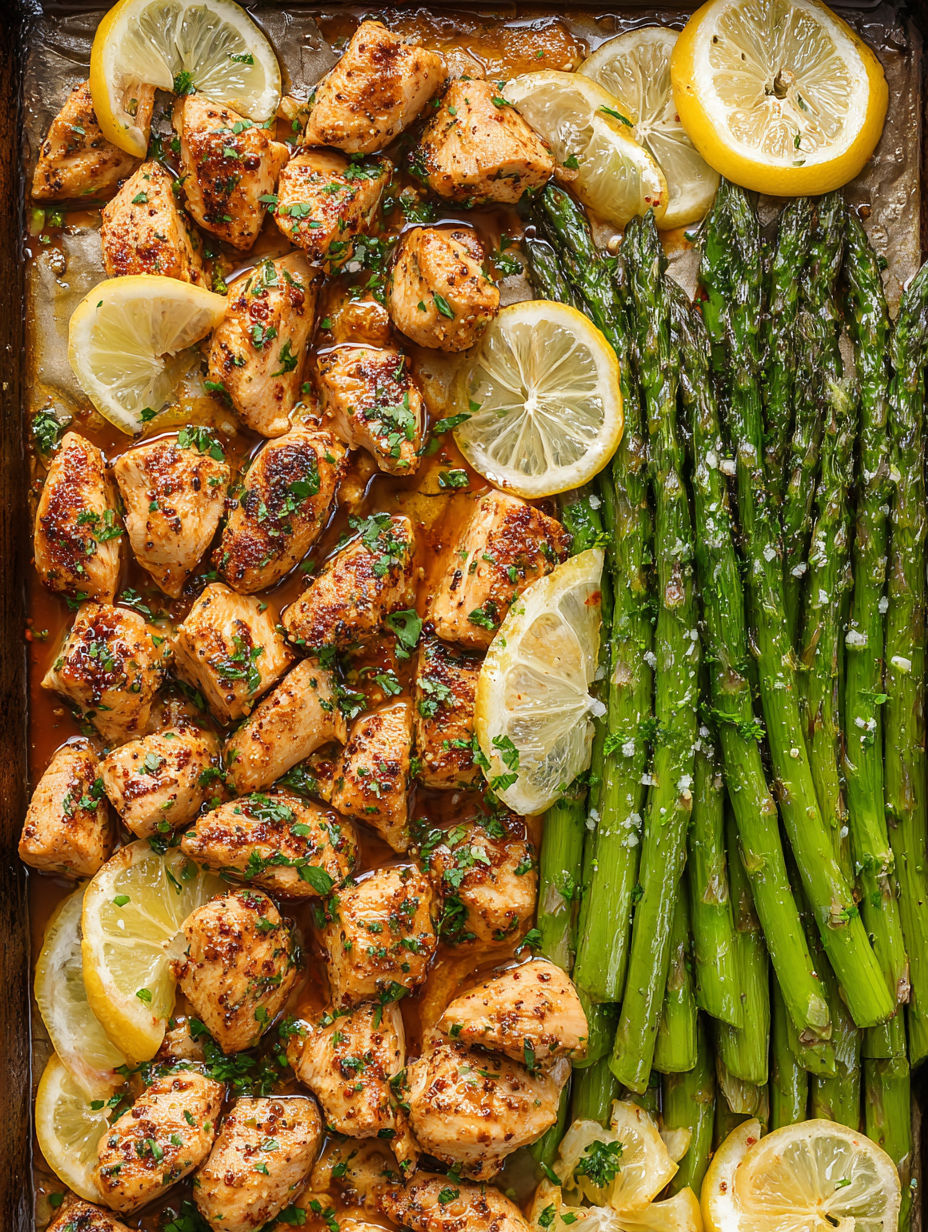 A dish of chicken and asparagus.