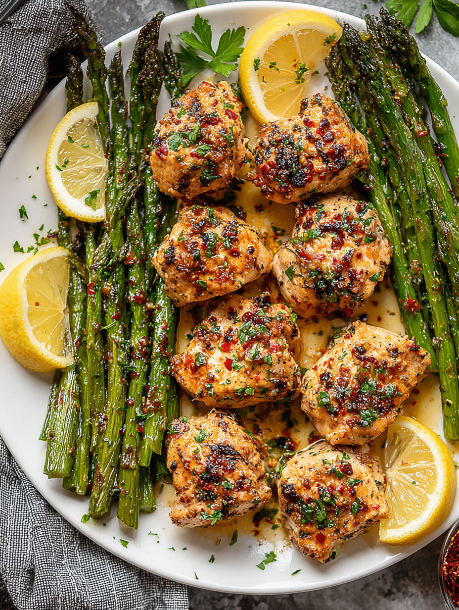 A plate of food with chicken, asparagus, and lemon wedges.