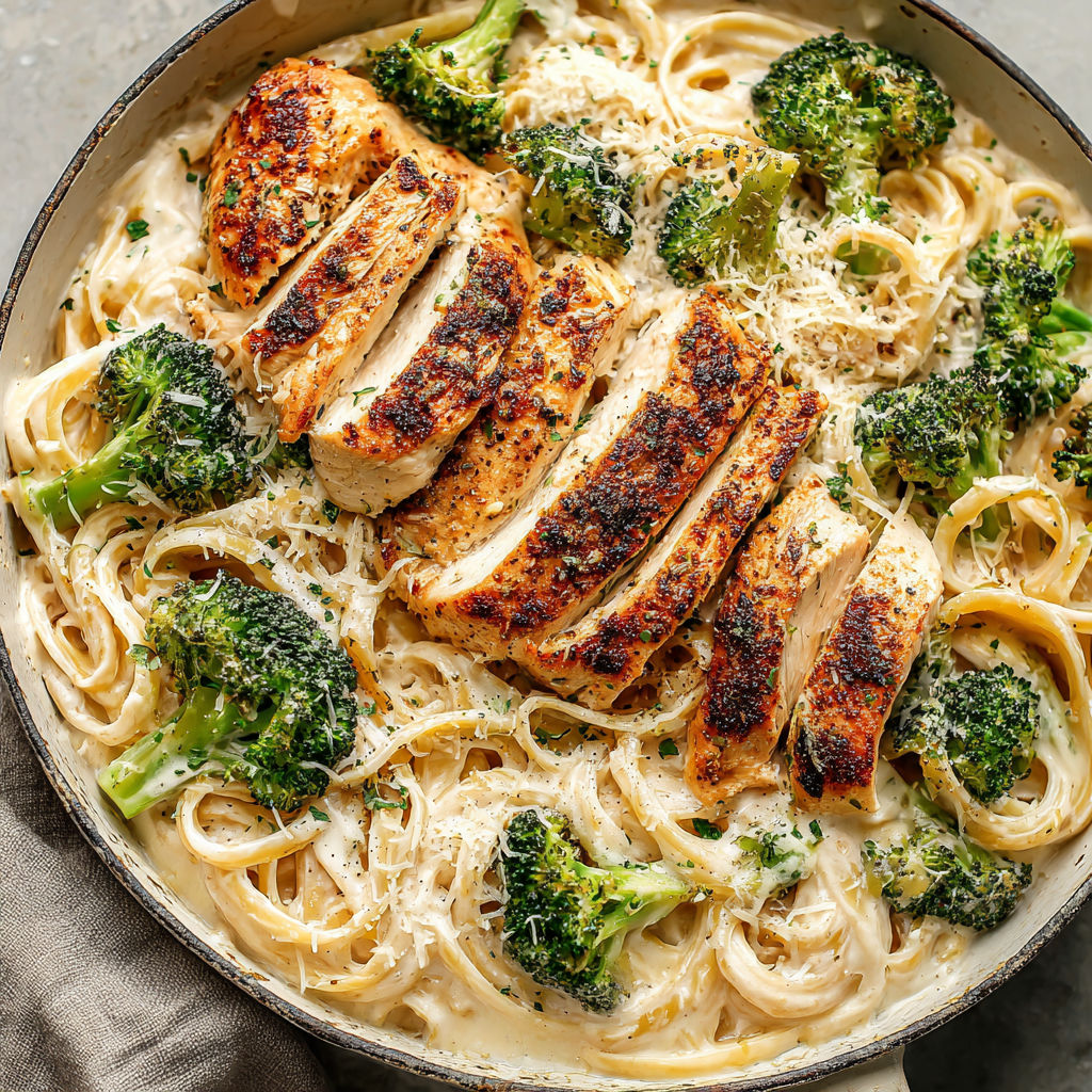 A bowl of chicken alfredo with broccoli.