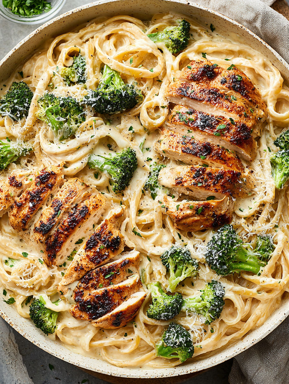 A dish of chicken and broccoli with pasta.